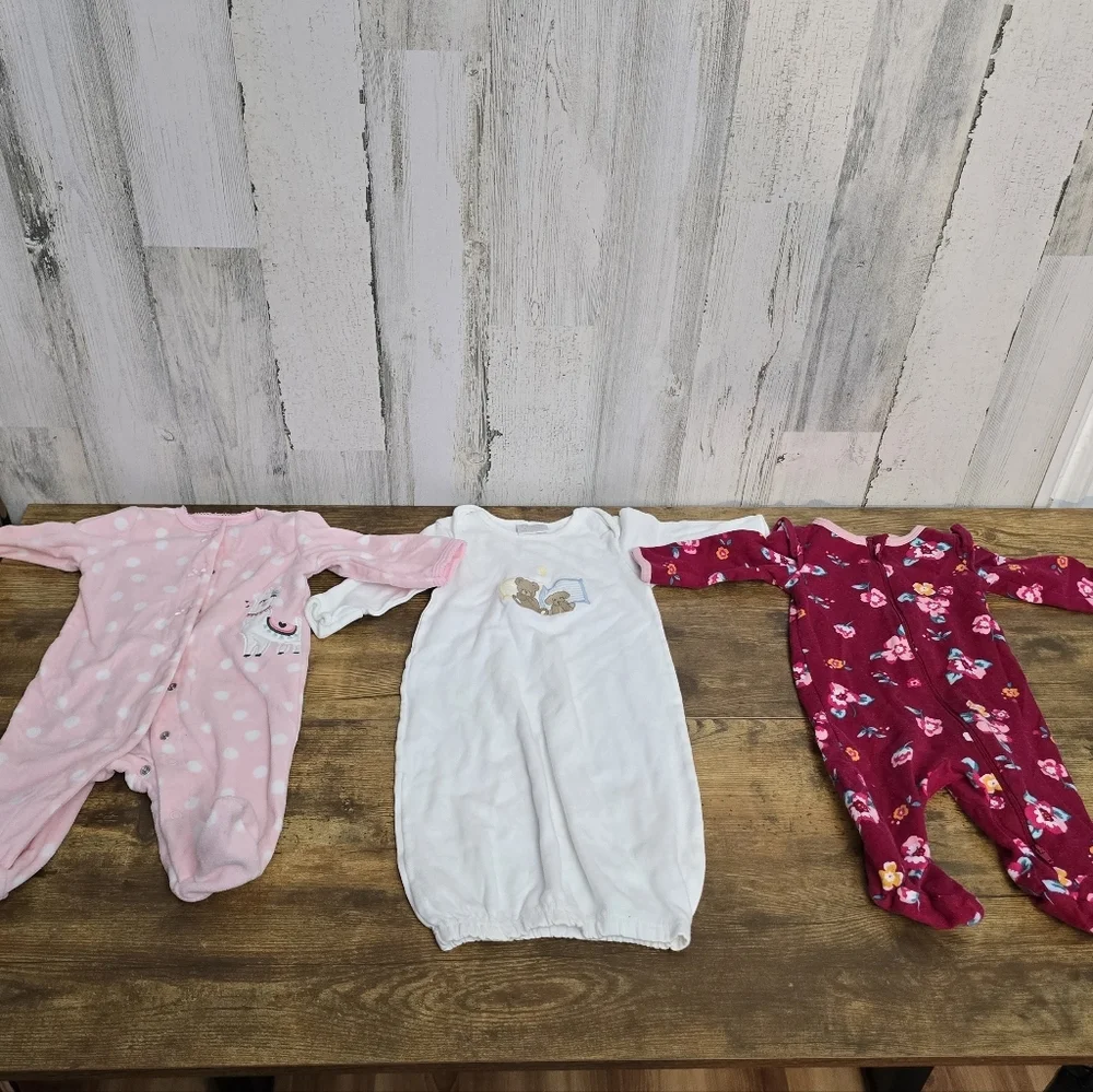 Baby Girls Size 0-3 Months Pajama Lot Of 3
